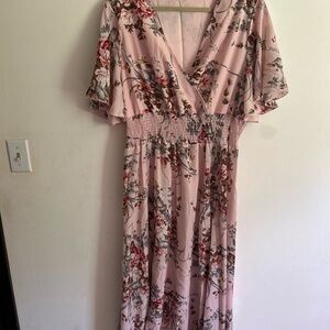 Pink Flutter Sleeve Maxi Dress for Wedding Guests